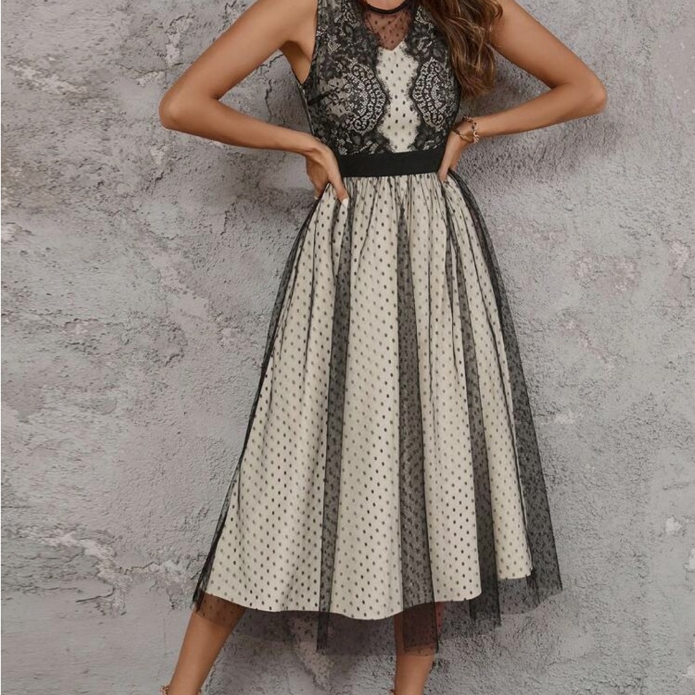SHEIN Black and Cream Lace Midi Dress